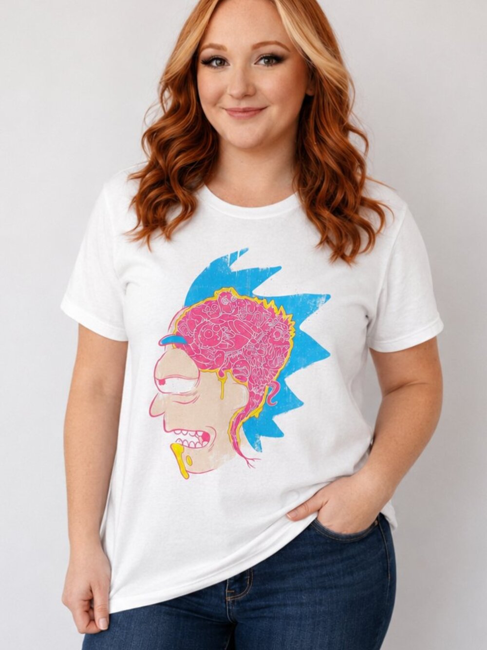 Rick and Morty White Graphic Tee with Neon Brain Art